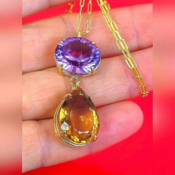 925 Sterling Silver Necklace 14K Gold Pl with Natural Amethyst & Honey Quartz - Picture 1 of 12